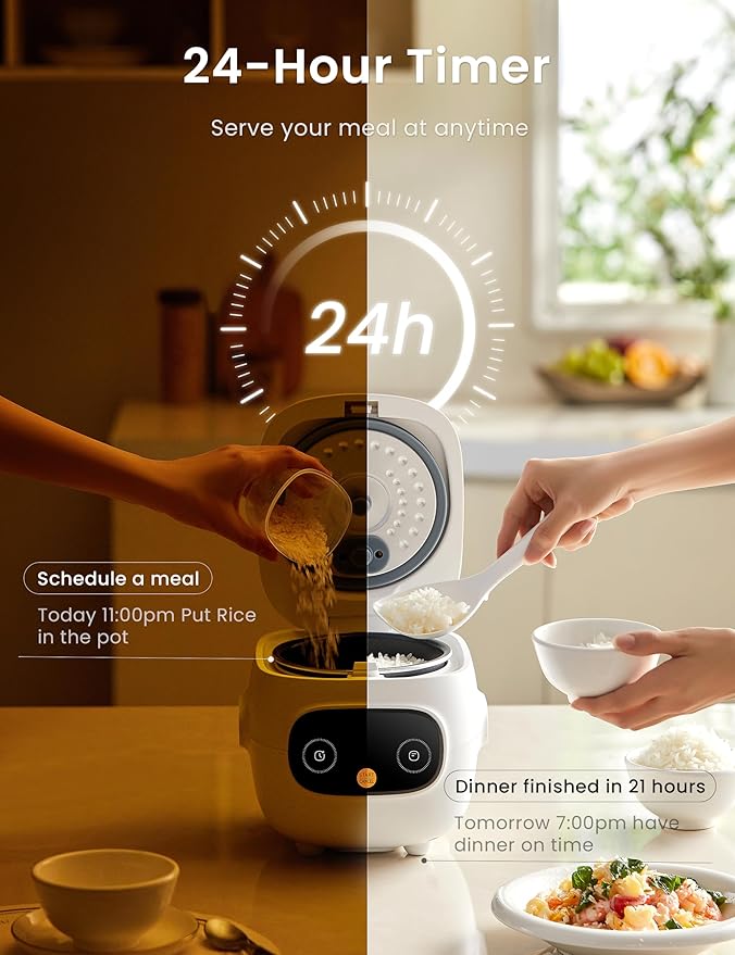 Mini Rice Cooker 4 Cups Cooked/2 Cups Uncooked, Portable Non-Stick rice maker, 24 hours Timer Delay, 6 Functions, Fast Cooker, Brown Rice, Oatmeal, White