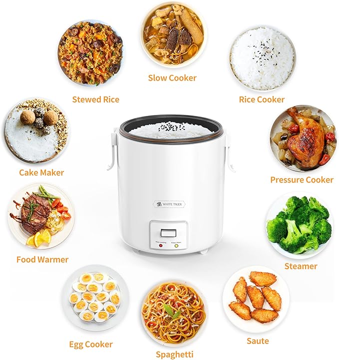 1.0L Mini Rice Cooker,WHITE TIGER Portable Travel Steamer Small,15 Minutes Fast Cooking, Removable Non-stick Pot, Keep Warm, Suitable For 1-2 People - For Cooking Soup, Rice, Stews & Oatmeal