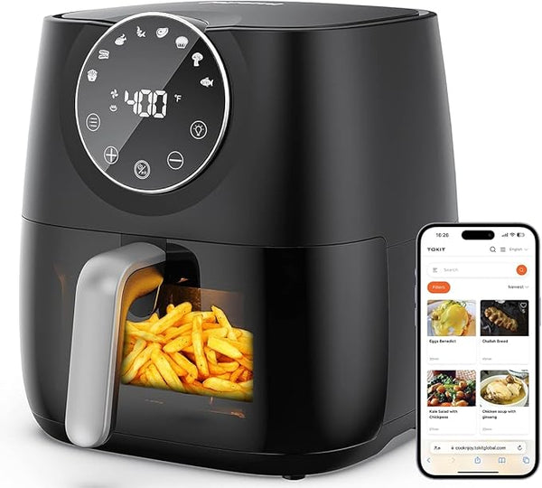 Air Fryer 6 QT, Air Fryer with Window, Online Recipes, 8 Cooking Functions for Air Fry, Bake, Roast, Broil & More, Nonstick Basket Dishwasher Safe, 1700W, Black