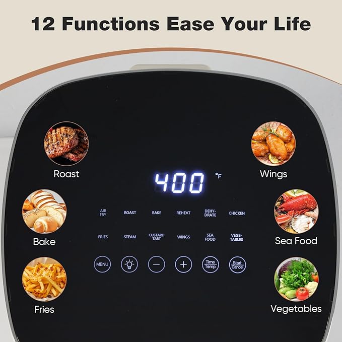 Air Fryer 6 Quart with Window Square Air Fryer 12-in-1 Air Fry, Roast, Reheat, Dehydrate, Bake, Steam, Fries, Custard, Chicken, Wings, Sea Food, Vegetabels,400F Beige