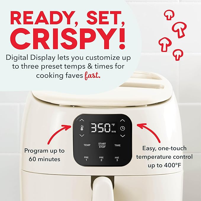 Ceramic Air Fryer Oven, 2.6 Qt., Cream – Compact Air Fryer for Healthier Food in Minutes, Ceramic Nonstick Surface, Ideal for Small Spaces - Auto Shut Off, Digital, 1000-Watt