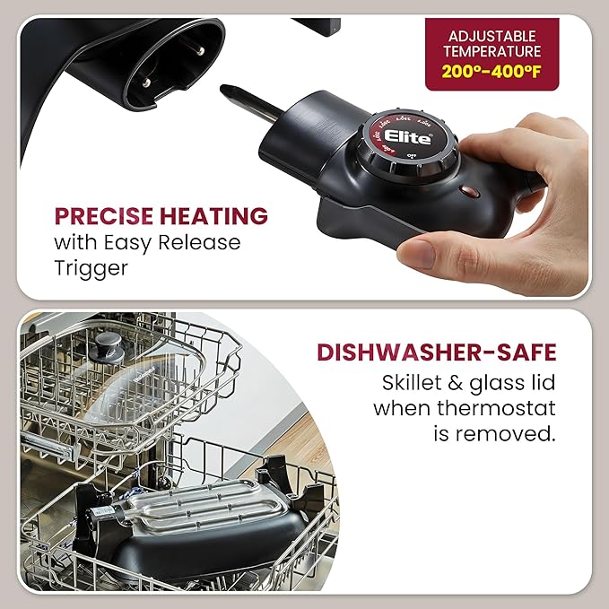 # Extra Deep 16"x13"x3.2" (10.5Qt.) Scratch Resistant, Easy Pour Spout Dishwasher Safe, Non-stick Electric Skillet with Glass Vented Lid, Adjustable Temperature, Black