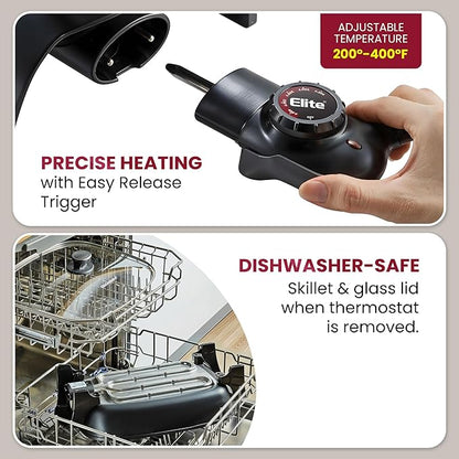 # Extra Deep 16"x13"x3.2" (10.5Qt.) Scratch Resistant, Easy Pour Spout Dishwasher Safe, Non-stick Electric Skillet with Glass Vented Lid, Adjustable Temperature, Black