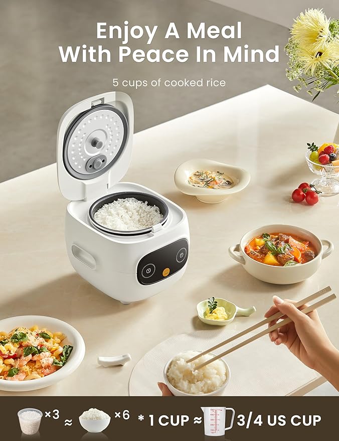 Mini Rice Cooker 4 Cups Cooked/2 Cups Uncooked, Portable Non-Stick rice maker, 24 hours Timer Delay, 6 Functions, Fast Cooker, Brown Rice, Oatmeal, White