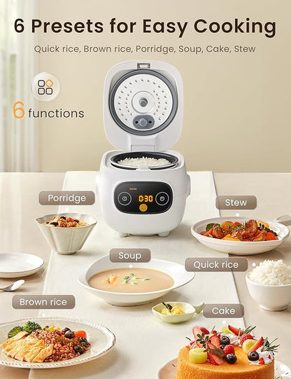 Mini Rice Cooker 4 Cups Cooked/2 Cups Uncooked, Portable Non-Stick rice maker, 24 hours Timer Delay, 6 Functions, Fast Cooker, Brown Rice, Oatmeal, White