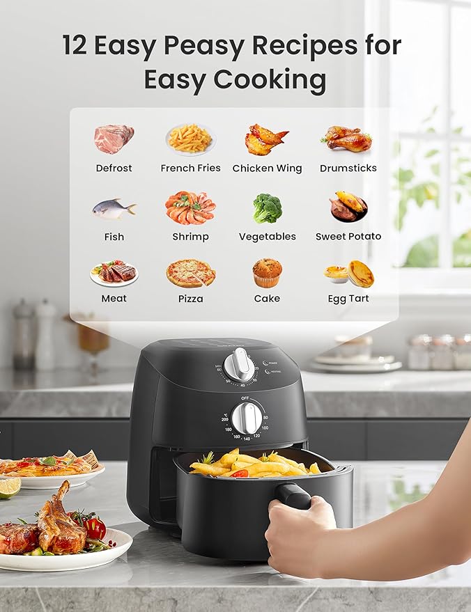 Compact 2.1 Quart Air Fryer with 12 Menu Options, Adjustable Timer & Temperature Control 180-400 degrees F, Dishwasher-Safe Nonstick Fry Basket