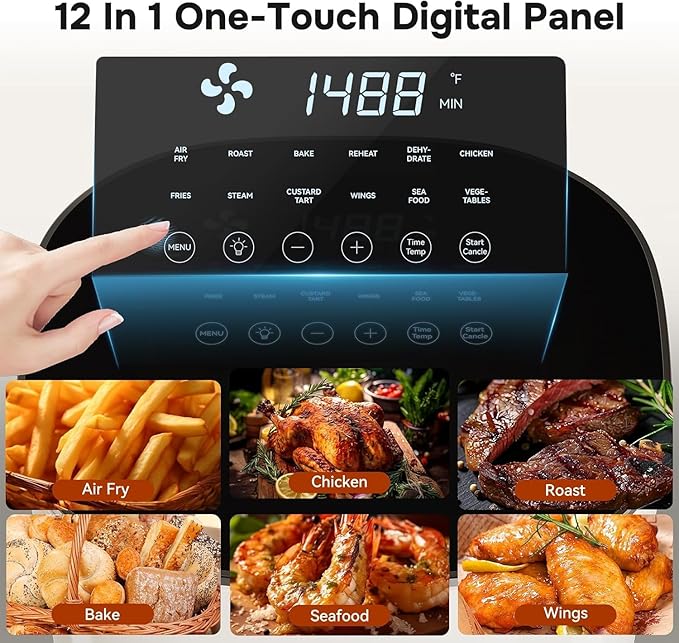 12-in-1 Air Fryer 6.34 Qt, Digital Preset Airfryer with Visible Window, Nonstick and Dishwasher-Safe Basket, Air Fry, Roast, Bake, Dehydrate, Fries, 1700W, Beige
